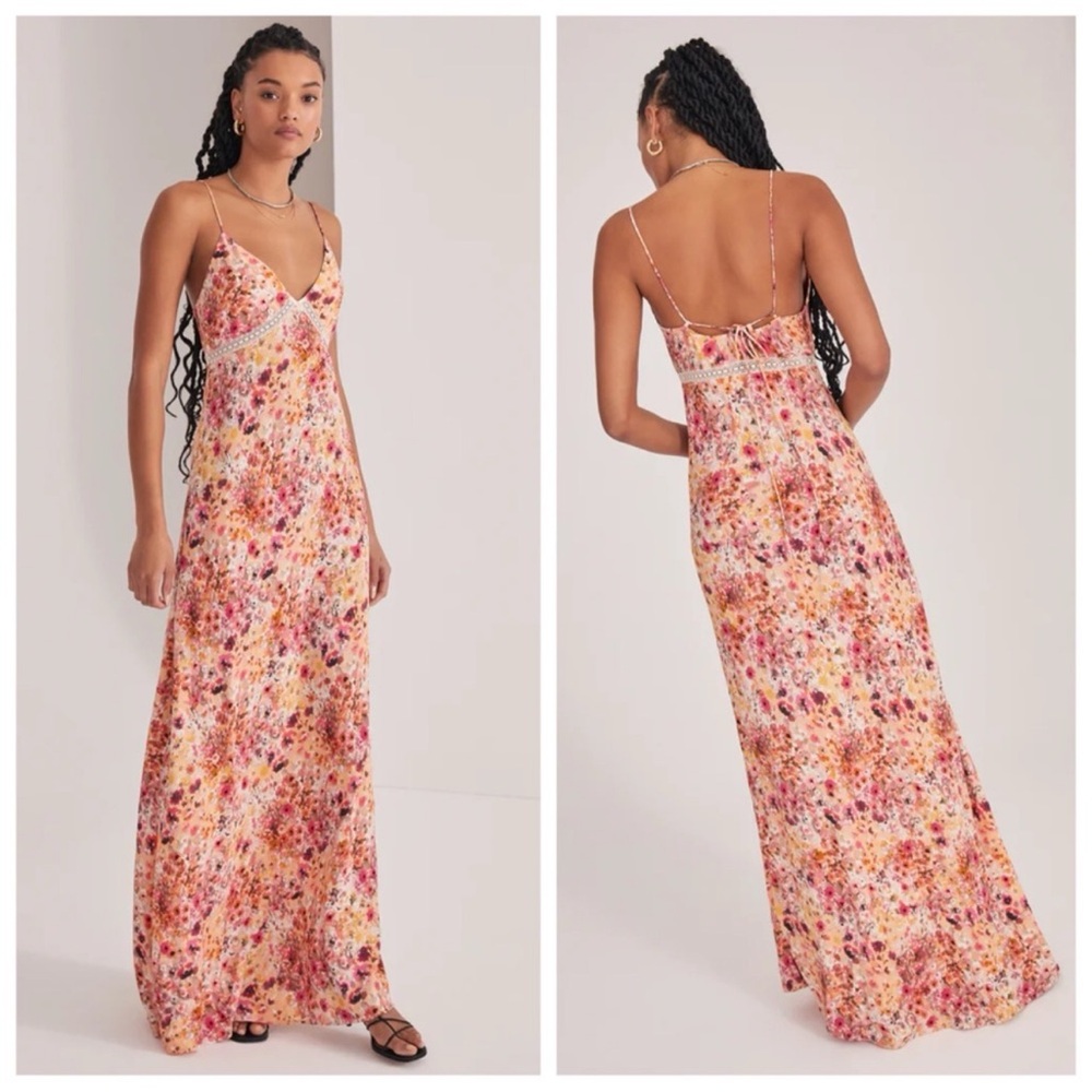 Favorite Daughter The Blackberry Pink Orange Floral Plunge Neckline Dress XL NEW